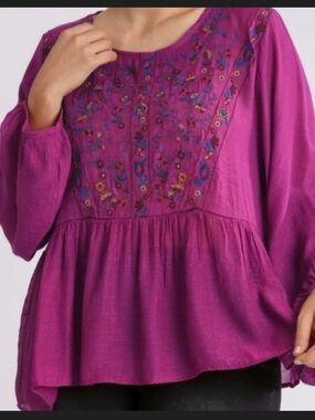 Umgee Embroidered Magenta Boho Peasant Top